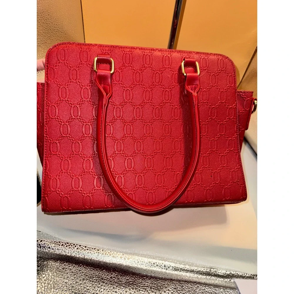 Semonillion Red Embossed‎ Satchel Handbag Gold Hardware Top Handle Bag